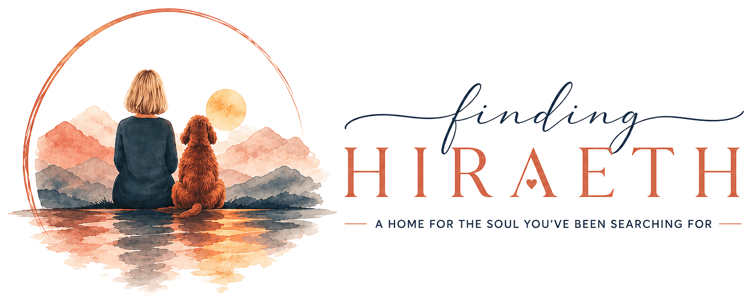 Finding Hiraeth — a woman and her dog watching a watercolor sunset over mountains and a lake