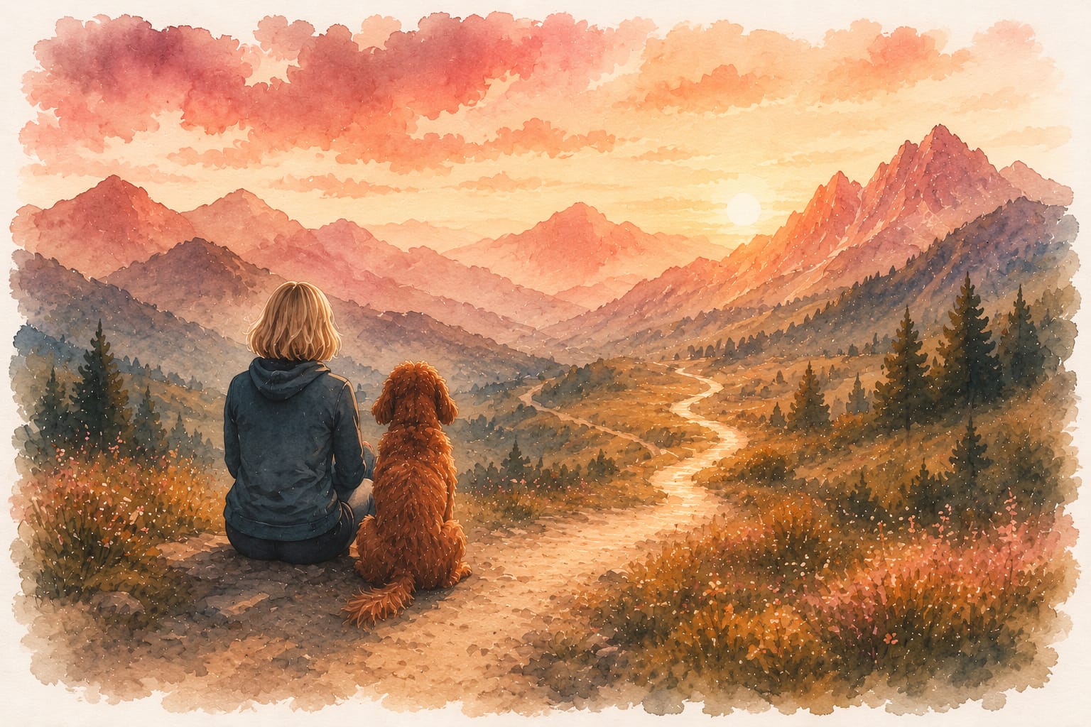 A woman and her dog sitting together on a mountain ridge at sunset, looking out over a winding path through the valley — soft watercolor in dusty plum, terracotta, and gold
