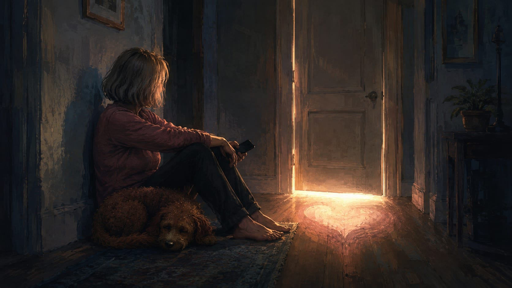 A woman with a blonde bob sits on a dark hallway floor at night beside a partly open door, a sleeping red doodle curled against her. Warm light from the room beyond spills across the floorboards in the rough shape of a heart.