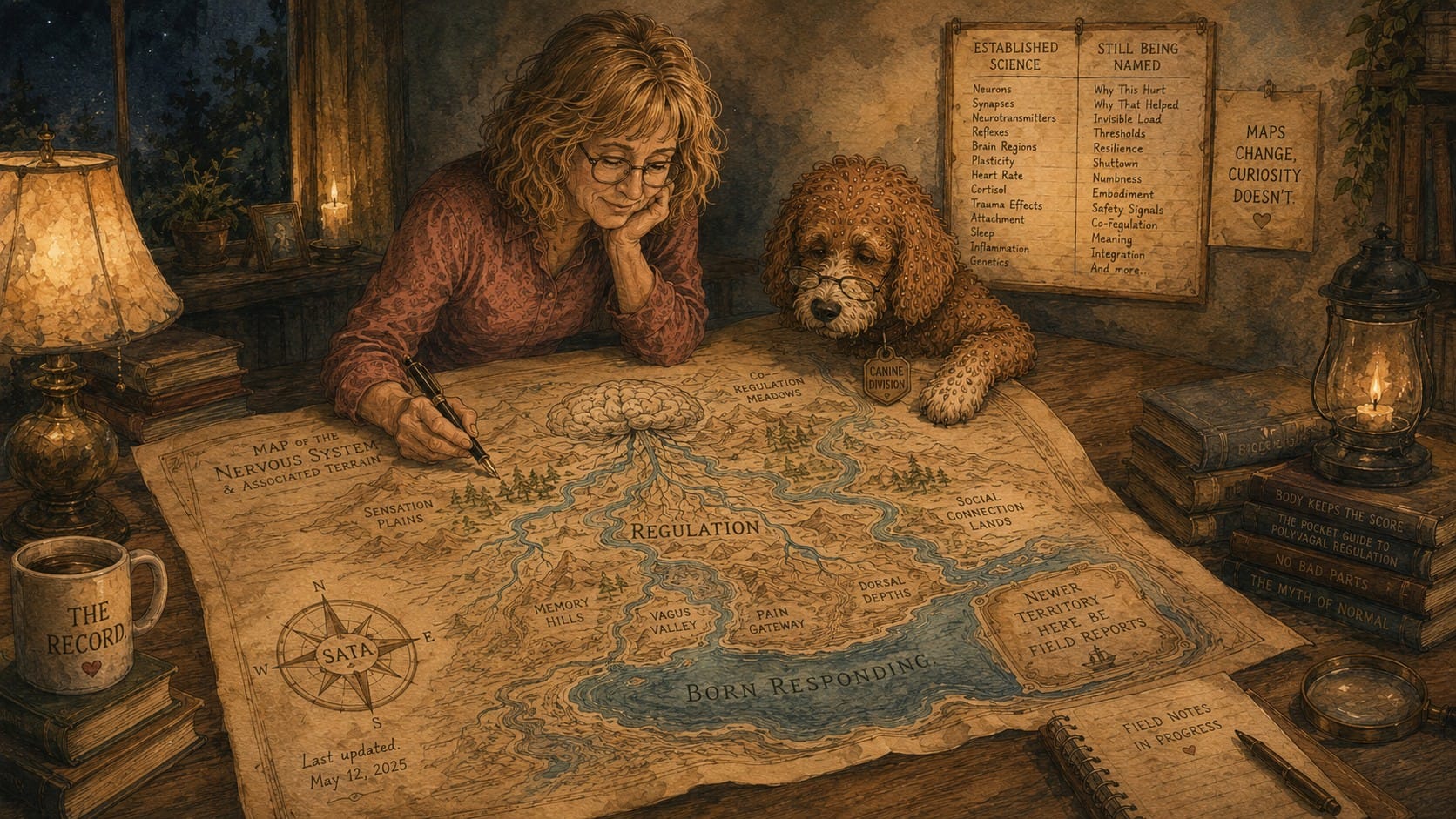 A woman and a curly brown dog studying a hand-drawn map of the nervous system; banner reads The Map, Dated, as Part of the Record.