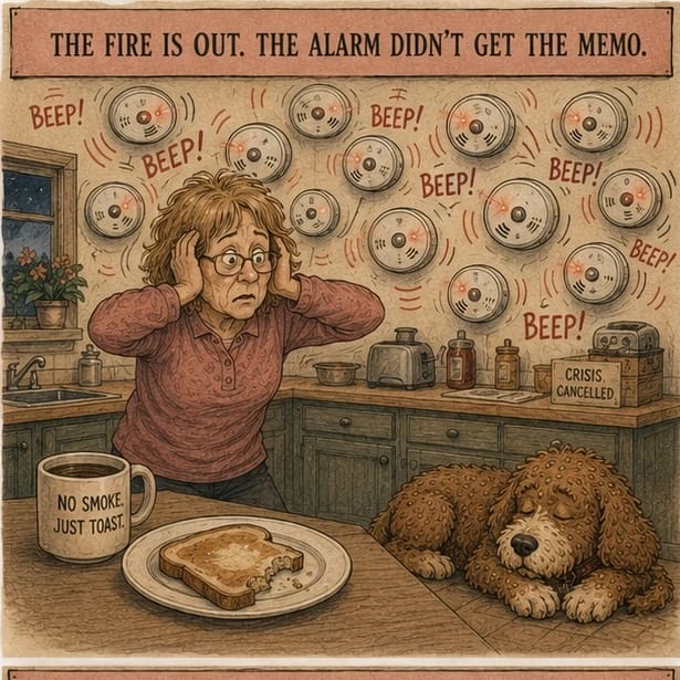 The fire is out. The alarm did not get the memo.