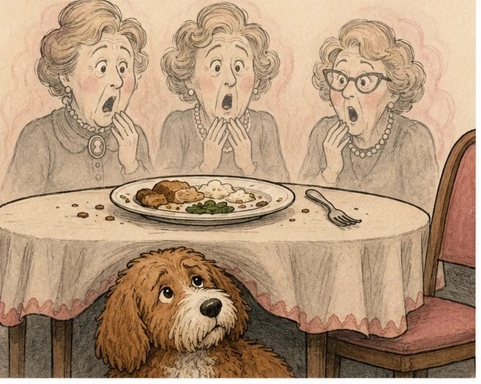Cartoon of three ghostly grandmothers gasping at a dinner plate with food still on it, while a red doodle dog gazes up at the plate from under the table