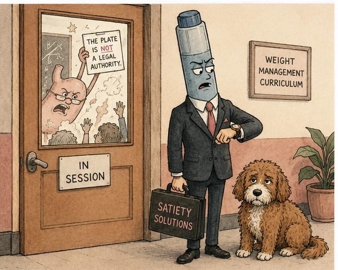 Cartoon of a medication pen in a business suit waiting outside a classroom door marked In Session, holding a briefcase labeled Satiety Solutions, with a red doodle dog staring at the viewer