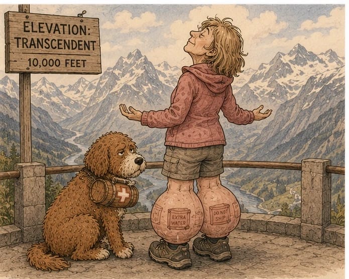 Cartoon of a woman having a transcendent moment at a 10,000-foot Alpine overlook while her ankles balloon with shipping labels reading Extra Water and Do Not Ship, as a red doodle dog wearing an Alpine rescue barrel stares at the ankles