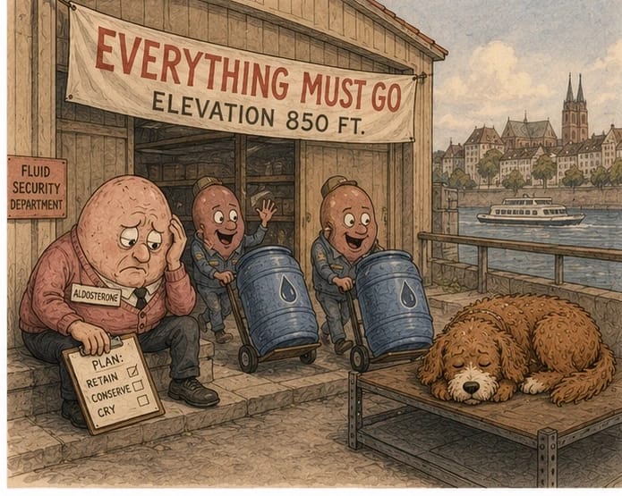 Cartoon of kidney workers gleefully rolling water barrels out of a warehouse under a banner reading Everything Must Go Elevation 850 Feet, while the defeated Aldosterone manager holds a clipboard with a plan checklist ending in Cry, and a red doodle dog naps nearby