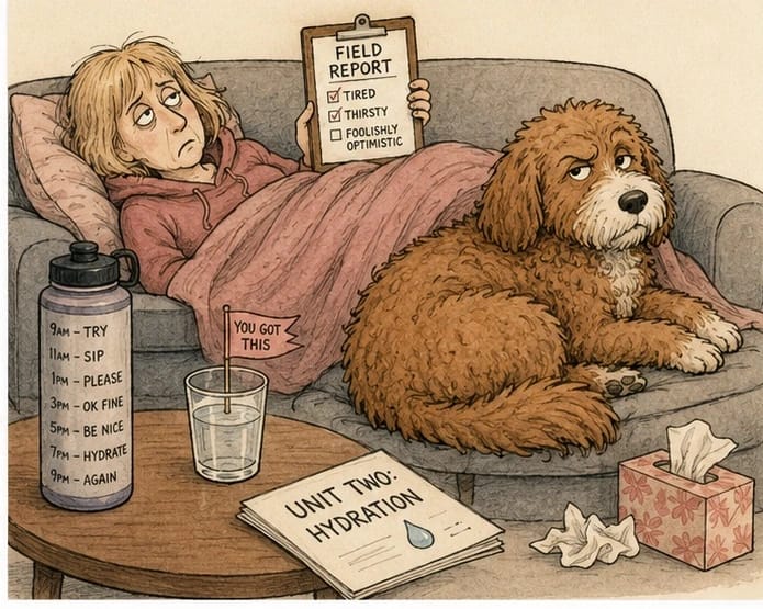 Cartoon of a woman lying on a couch holding a clipboard labeled Field Report while a red doodle dog takes up most of the couch, with a timestamped water bottle and Unit Two: Hydration syllabus nearby