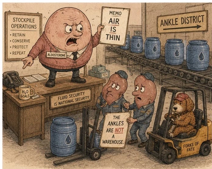 Cartoon of an anxious hormone middle manager named Aldosterone standing on a desk holding a memo reading Air Is Thin, while kidney workers hold a sign reading The Ankles Are Not a Warehouse and a red doodle dog drives a forklift labeled Forks of Fate toward the Ankle District