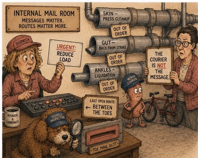 Cartoon of a body's internal mail room with pneumatic tubes labeled Skin Press Cleanup, Gut Back From Strike, and Ankles Liquidation all marked Out of Order, a dispatcher holding an envelope reading Urgent Reduce Load, a clerk holding a sign reading The Courier Is Not the Message, a tiny nerve courier with a bicycle beside a sign reading Last Open Route Between the Toes, and a red doodle dog in a Signals Inspector cap examining the toe mail slot