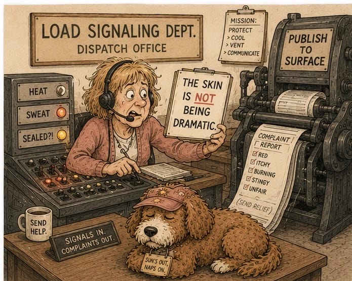 Cartoon of a frazzled dispatch clerk in the Load Signaling Department holding a sign reading The Skin Is Not Being Dramatic, beside a switchboard with lights labeled Heat, Sweat, and Sealed, while a printing press labeled Publish to Surface prints a complaint report checklist ending in Unfair, and a red doodle dog naps wearing a tag reading Sun's Out Naps On