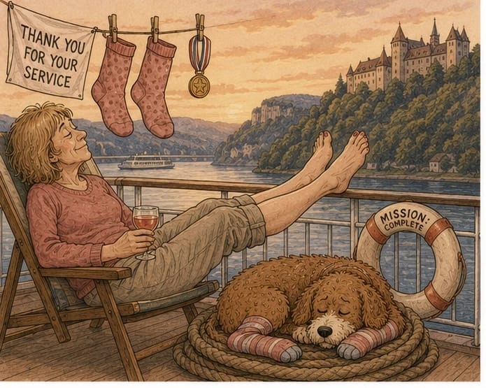 Cartoon of a relaxed woman on a river cruise deck at sunset with her feet up, retired compression socks and a medal hanging on a clothesline reading Thank You for Your Service, while a red doodle dog sleeps on a rope coil wearing striped socks beside a life ring reading Mission Complete