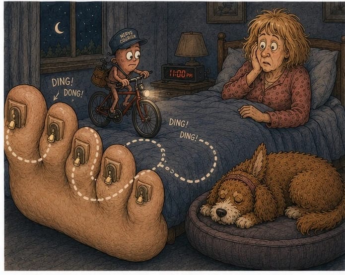 Cartoon of a tiny nerve courier riding a bicycle across the tops of toes at night ringing doorbells along a dotted route marked Ding and Dong, while a woman sits up in bed at 11 pm looking exasperated and a red doodle dog sleeps in a dog bed