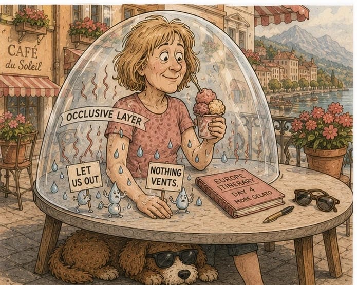 Cartoon of a woman eating gelato at a European café unaware she is enclosed in a glass dome labeled Occlusive Layer, where tiny sweat droplets hold protest signs reading Let Us Out and Nothing Vents, beside an itinerary reading Day 4 More Gelato, while a red doodle dog in sunglasses lounges under the table