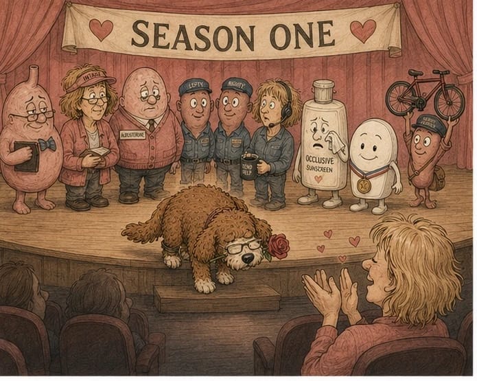 Cartoon theater stage under a banner reading Season One where all the series characters take a bow — the stomach professor, intake clerk, Aldosterone, the kidney workers, the dispatch clerk, the tearful occlusive sunscreen bottle, the medal-wearing cetirizine tablet, and the nerve courier lifting his bicycle overhead — while a red doodle dog in reading glasses bows center stage with a rose in her mouth and a woman applauds from the front row