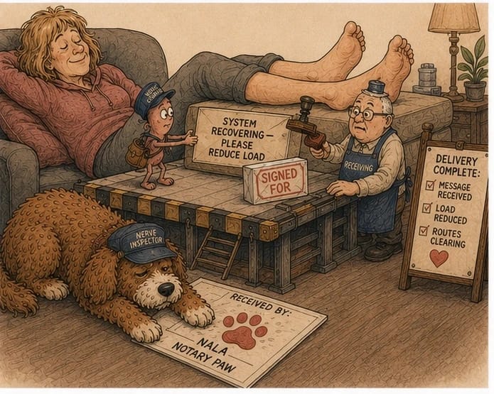 Cartoon of a relaxed woman reclining with her feet elevated while a tiny nerve courier delivers a package reading System Recovering Please Reduce Load to a receiving clerk who stamps it Signed For beside a checklist reading Delivery Complete, as a red doodle dog in a Nerve Inspector cap rests beside a delivery slip reading Received By Nala Notary Paw