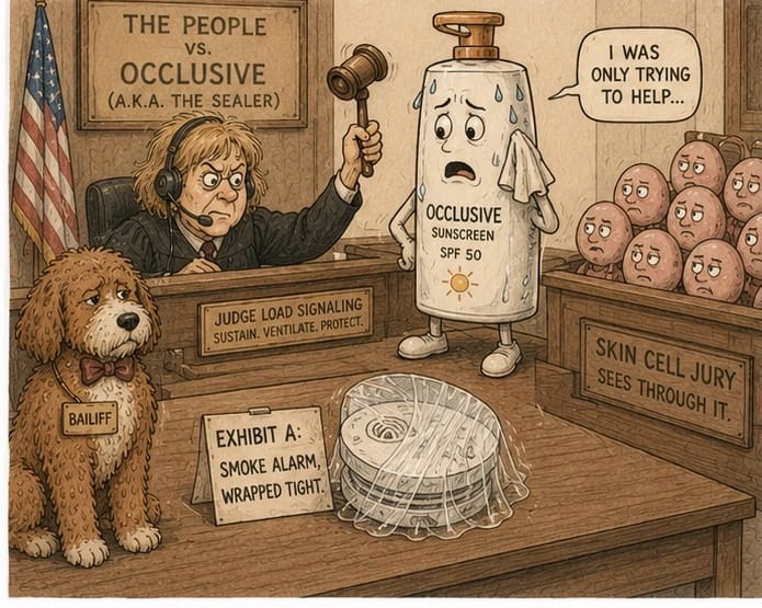 Cartoon courtroom titled The People vs Occlusive where a sweating sunscreen bottle on the stand says I Was Only Trying to Help, Exhibit A is a smoke alarm wrapped tight, a jury of skin cells sees through it, and a red doodle dog in a bow tie serves as bailiff
