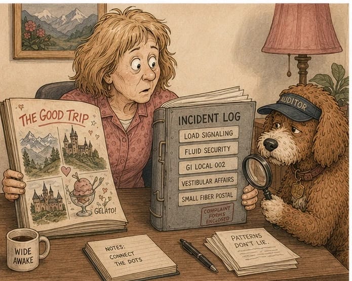 Cartoon of a woman comparing two books — a joyful scrapbook labeled The Good Trip with sketches of mountains, castles, and gelato, and a gray binder labeled Incident Log listing Load Signaling, Fluid Security, GI Local 002, Vestibular Affairs, and Small Fiber Postal — while a red doodle dog in an Auditor cap reviews the binder with a magnifying glass beside a note reading Patterns Don't Lie