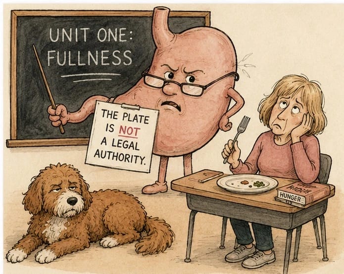 Cartoon of a stern stomach professor at a chalkboard reading Unit One: Fullness, holding a sign that says The Plate Is Not a Legal Authority, while a woman sits at a student desk and a red doodle dog lies unbothered nearby