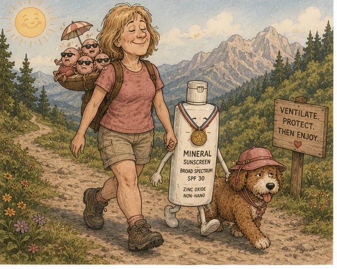 Cartoon of a woman hiking happily on a sunny mountain trail beside a mineral sunscreen bottle wearing a medal, with tiny skin cells in sunglasses riding in her backpack under a small umbrella, a trail sign reading Ventilate Protect Then Enjoy, and a red doodle dog trotting alongside in a matching sun hat