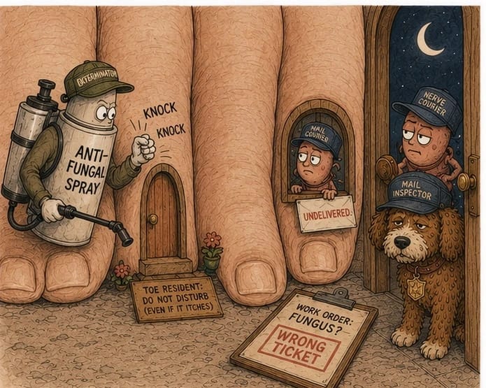 Cartoon of an antifungal spray can dressed as an exterminator knocking on a tiny door between giant toes beside a doormat reading Toe Resident Do Not Disturb Even If It Itches, while a nerve courier holds an envelope stamped Undelivered and a clipboard reads Work Order Fungus with a red Wrong Ticket stamp, watched by a red doodle dog in a Mail Inspector cap