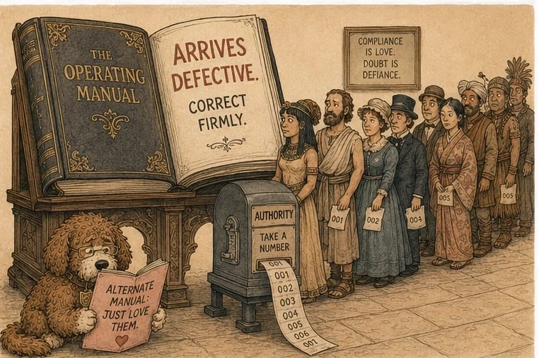 Cartoon of a giant ornate book labeled The Operating Manual open to the page Arrives Defective. Correct Firmly, with a sign Compliance Is Love. Doubt Is Defiance; a queue of people from many historical eras takes numbered tickets from an Authority — Take a Number dispenser, while a red doodle dog holds a pink card reading Alternate Manual: Just Love Them.