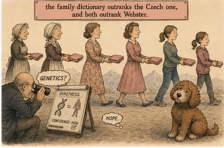 Cartoon of six generations of women in a line handing down a pink family dictionary from grandmother to girl while a scientist photographs them beside a Hypothesis Genetics equals High Confidence sign; a red doodle dog thinks Nope. Banner: the family dictionary outranks the Czech one, and both outrank Webster.