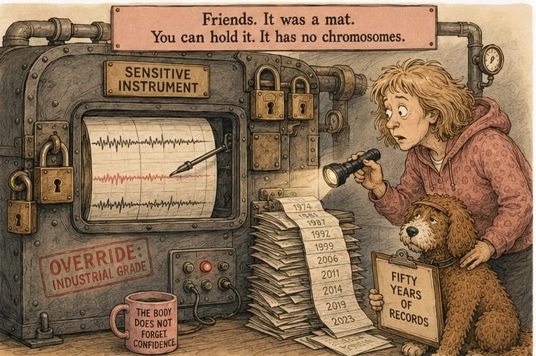 Cartoon of a giant industrial-grade seismograph labeled Sensitive Instrument printing a red seismic line, padlocked and stamped Override Industrial Grade, spooling a long strip of dated records, while a woman shines a flashlight on it and a red doodle dog holds a sign reading Fifty Years of Records. Banner: Friends. It was a mat. You can hold it. It has no chromosomes.