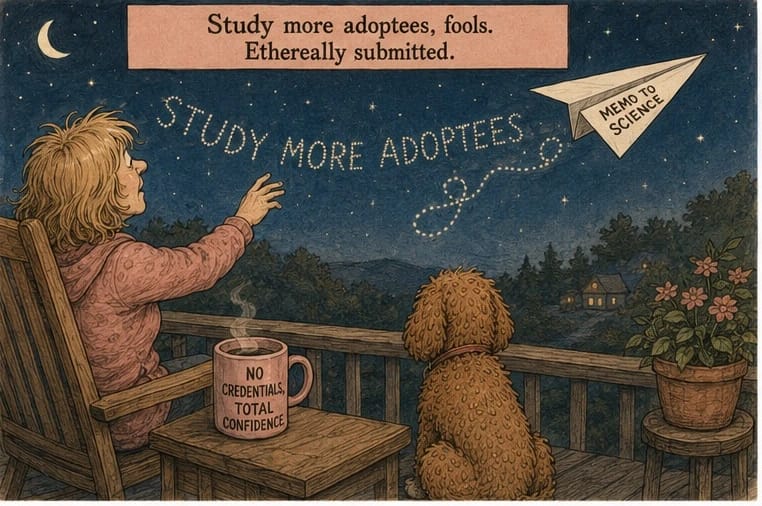 Cartoon of a woman on a night porch reaching toward the words Study More Adoptees written in stars, a paper airplane labeled Memo to Science flying off, a mug reading No Credentials Total Confidence, and a red doodle dog gazing up at the sky. Banner: Study more adoptees, fools. Ethereally submitted.