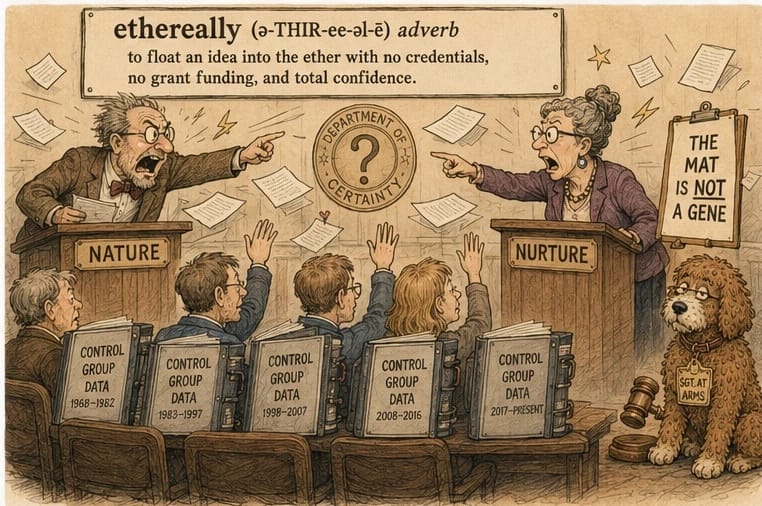 Cartoon of a courtroom-style Nature vs. Nurture hearing: an elderly man at a NATURE podium and a woman at a NURTURE podium shout across a Department of Certainty seal while researchers hold Control Group Data binders; a sign reads The Mat Is Not a Gene and a red doodle dog sits as Sergeant at Arms. A mock dictionary entry at the top defines ethereally.
