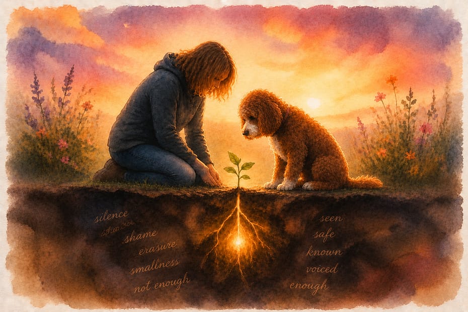 A woman kneeling to plant a seedling with her curly reddish-brown dog beside her at sunset; below the soil the roots glow, and buried words silence, shame, erasure, smallness, not enough become seen, safe, known, voiced, enough — soft watercolor in dusty plum, terracotta, and gold
