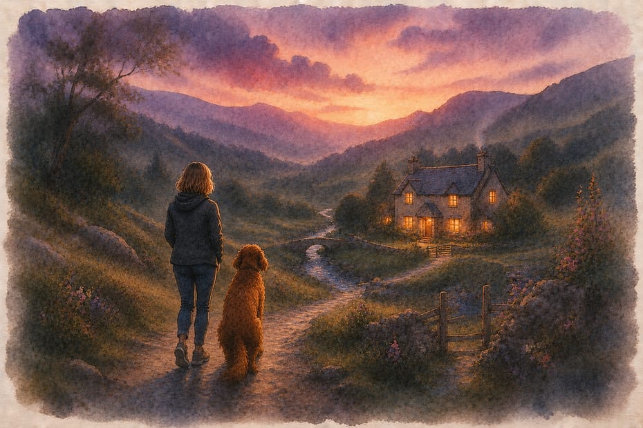 A woman and her dog standing on a path at twilight, looking toward a warmly lit stone cottage with smoke rising from the chimney in a mountain valley — soft watercolor in dusty plum, terracotta, and gold