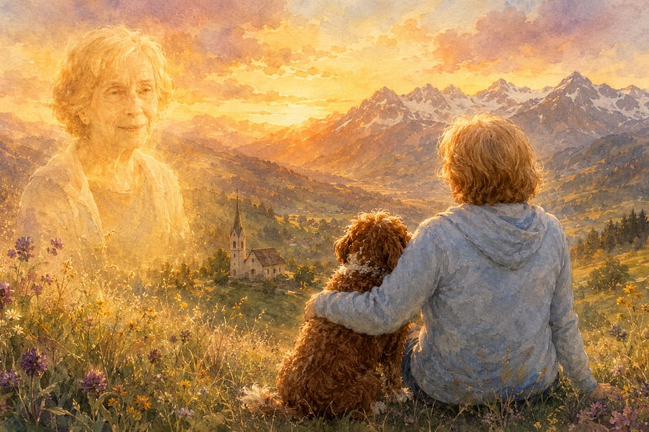 A woman and her dog sit on an alpine hillside above a small church while her late mother appears as warm translucent light — soft watercolor in dusty plum, terracotta, and gold
