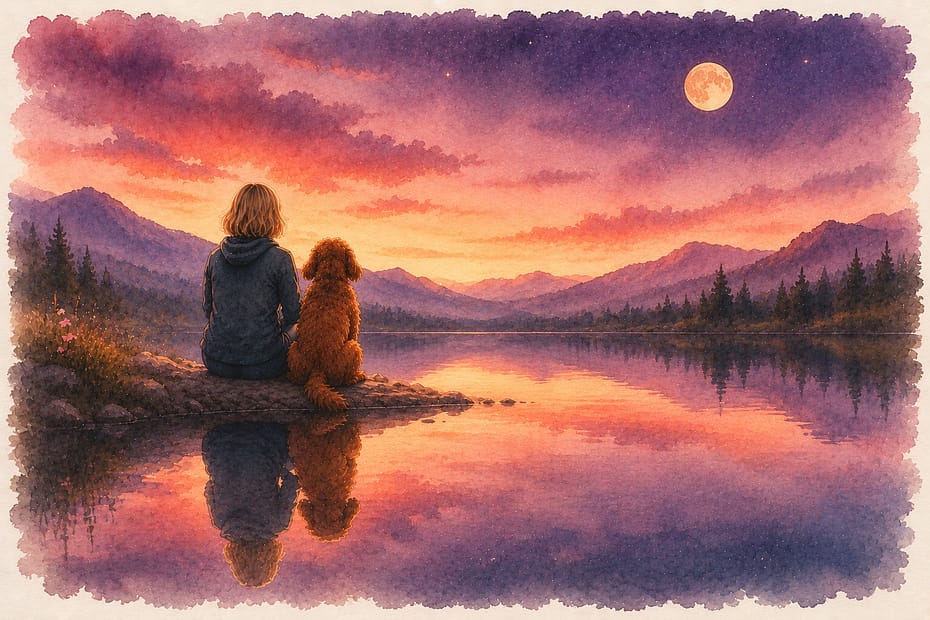 A woman and her dog sitting at the edge of a still lake at dusk, the sky and rising moon mirrored in the water — soft watercolor in dusty plum, terracotta, and gold